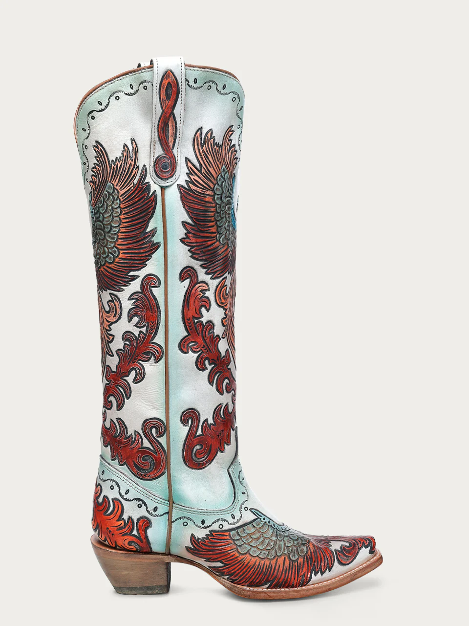 A4516 - WOMEN'S HAND PAINTED AND TOOLED FIRE PHOENIX WHITE TALL TOP SNIP TOE COWBOY BOOT - Image 4
