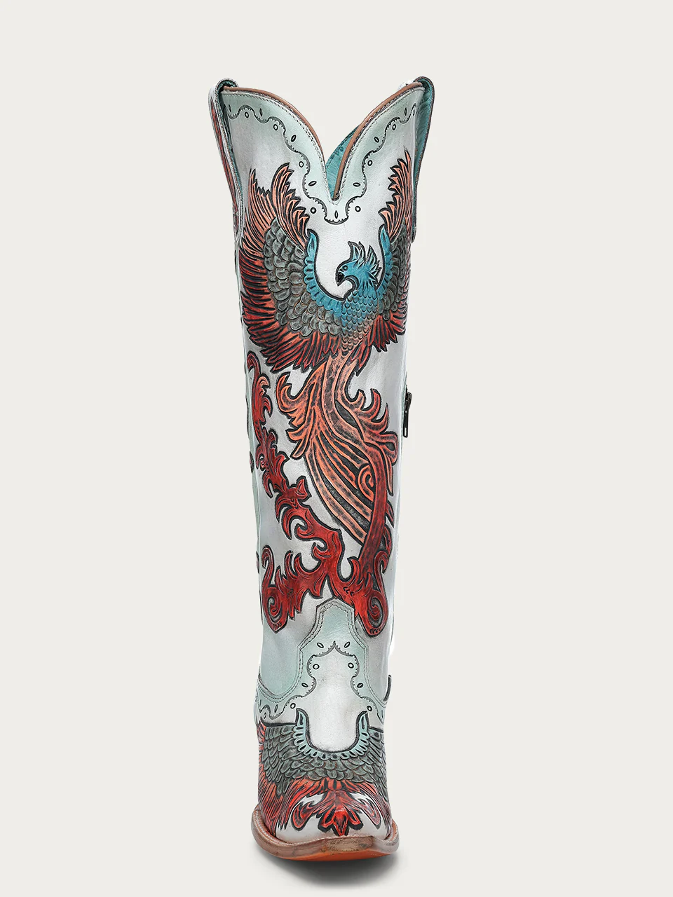 A4516 - WOMEN'S HAND PAINTED AND TOOLED FIRE PHOENIX WHITE TALL TOP SNIP TOE COWBOY BOOT - Image 5