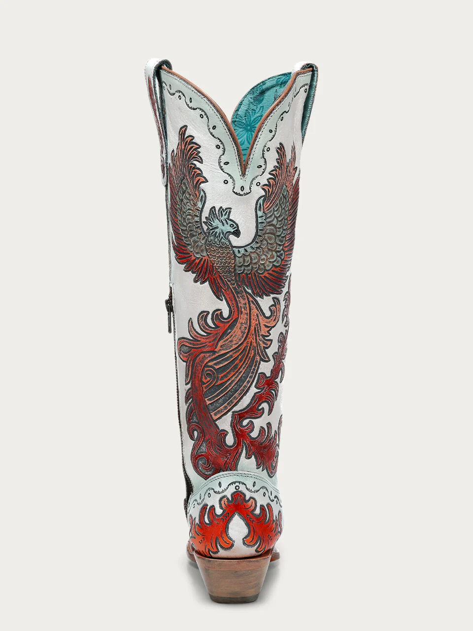 A4516 - WOMEN'S HAND PAINTED AND TOOLED FIRE PHOENIX WHITE TALL TOP SNIP TOE COWBOY BOOT - Image 6
