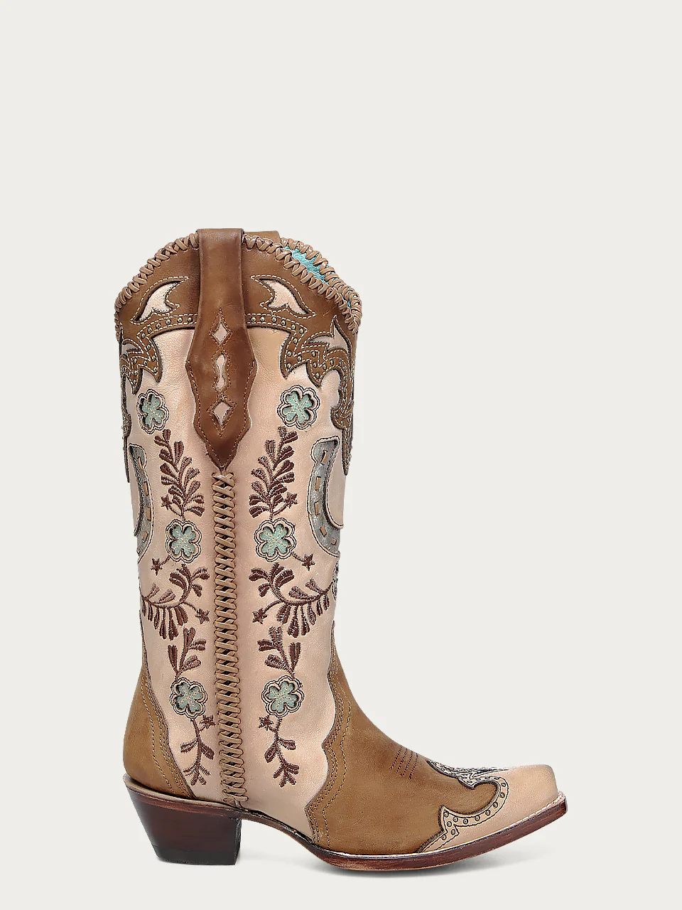 A4863 - WOMEN'S HONEY HORSESHOE OVERLAY EMBROIDERY STUDS HANDWOVEN SNIP TOE COWBOY BOOT - Image 3