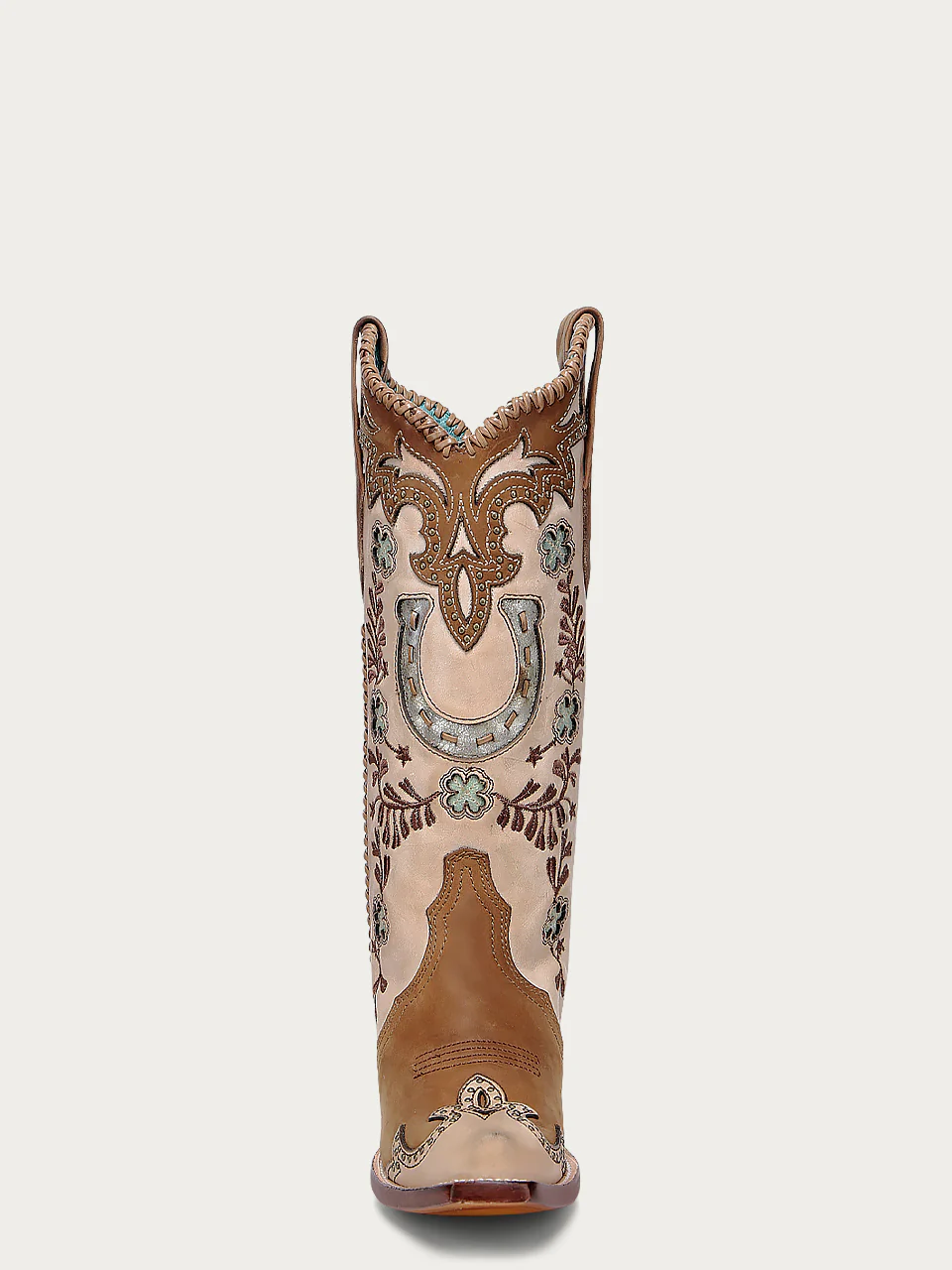 A4863 - WOMEN'S HONEY HORSESHOE OVERLAY EMBROIDERY STUDS HANDWOVEN SNIP TOE COWBOY BOOT - Image 4