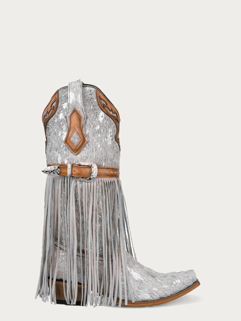C4081 - WOMEN'S LAMB FRINGE, HARNESS AND STUDS SNIP TOE WHITE FUR COWBOY BOOT - Image 3