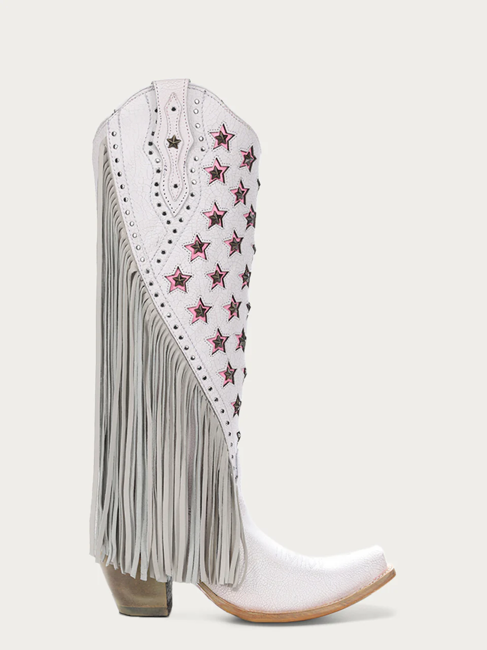 C4084 - WOMEN'S LUMINESCENT EMBROIDERY AND PINK STARS WITH LAMB FRINGE WHITE SNIP TOE COWBOY BOOT - Image 3