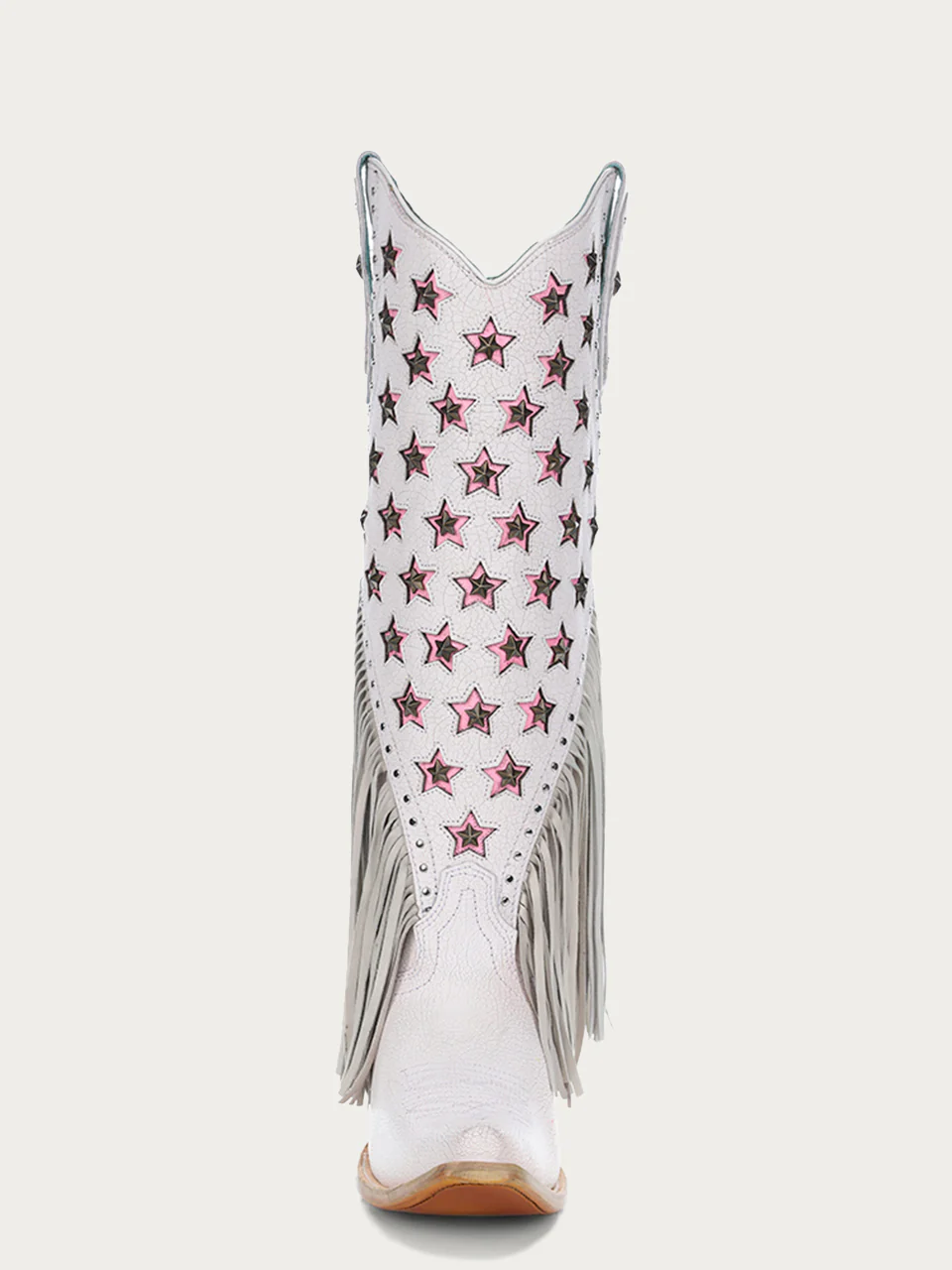 C4084 - WOMEN'S LUMINESCENT EMBROIDERY AND PINK STARS WITH LAMB FRINGE WHITE SNIP TOE COWBOY BOOT - Image 4