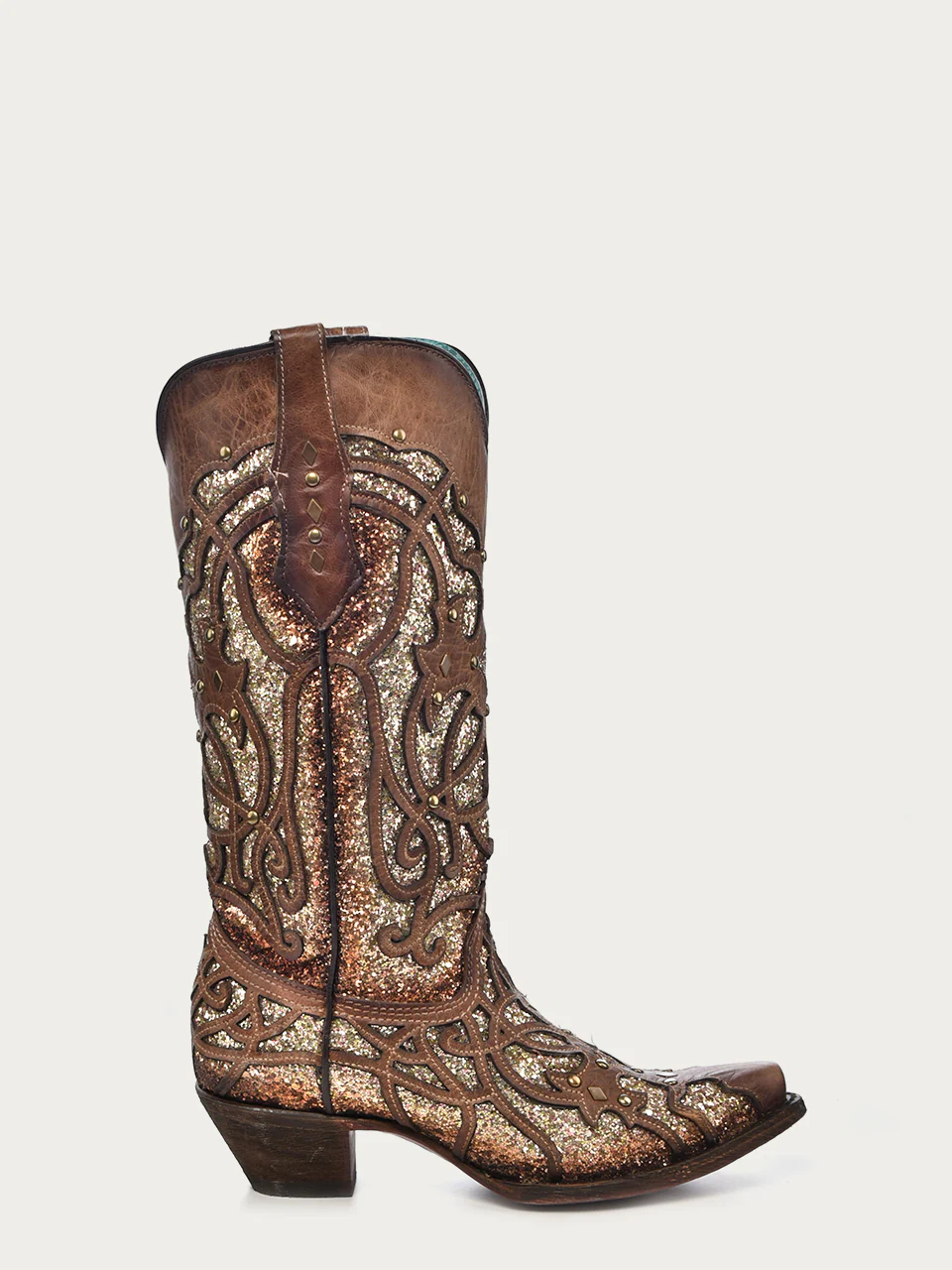 C3331 - WOMEN'S ORIX GLITTERED INLAY AND STUDS BROWN SNIP TOE COWBOY BOOT - Image 3