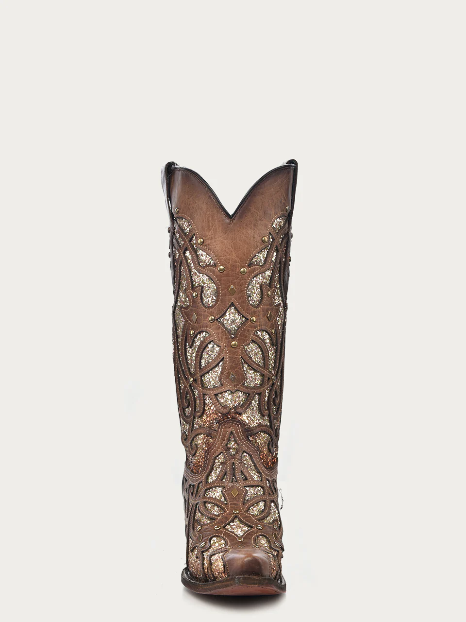 C3331 - WOMEN'S ORIX GLITTERED INLAY AND STUDS BROWN SNIP TOE COWBOY BOOT - Image 4