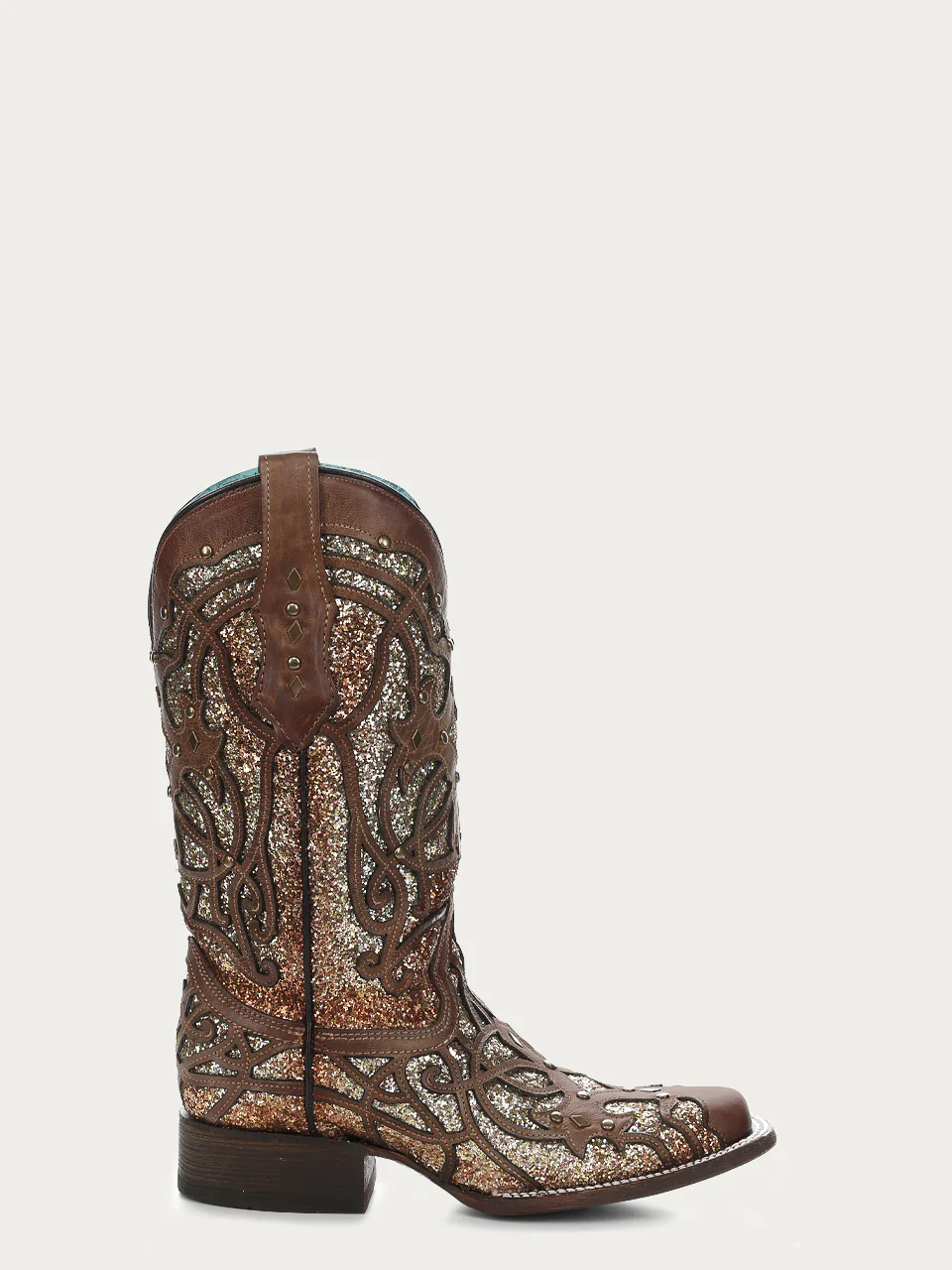 C3275 - WOMEN'S ORIX GLITTERED INLAY AND STUDS BROWN SQUARE TOE COWBOY BOOT - Image 3