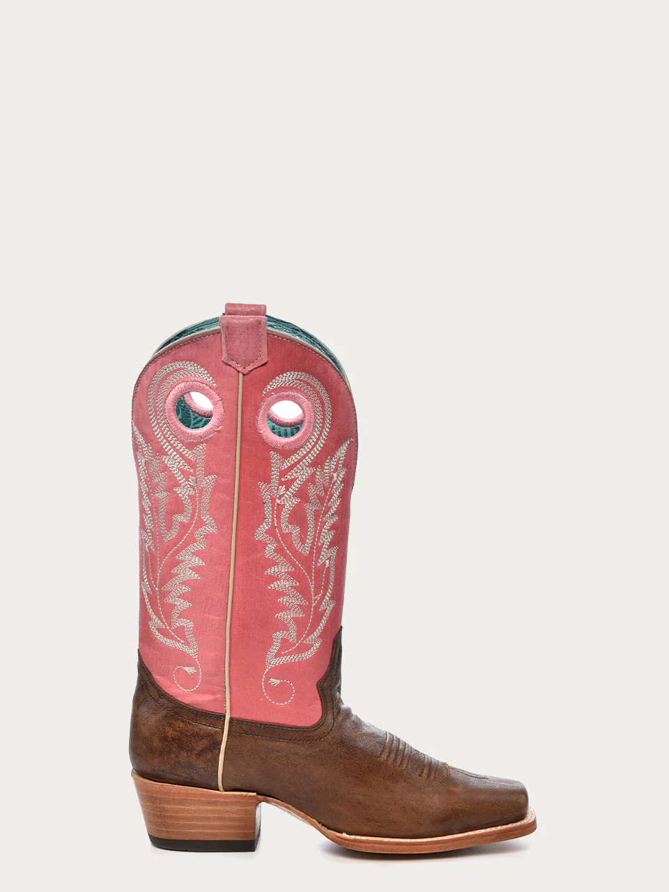 A4459 - WOMEN'S PINK GOAT EMBROIDERY BROWN SQUARE TOE COWBOY BOOT WITH PULL HOLES - Image 3