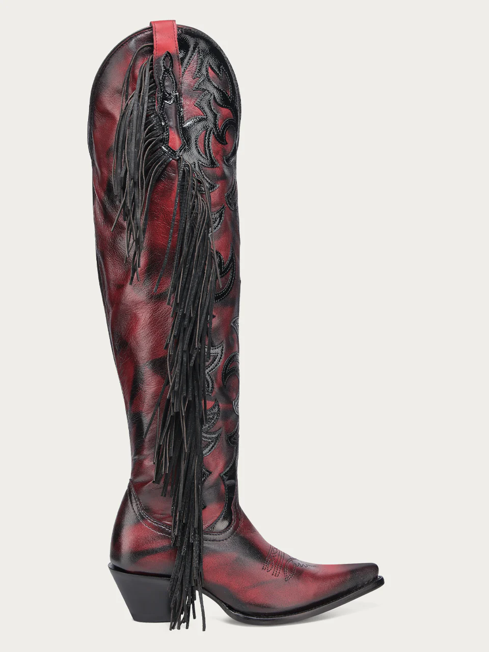 Z5453 - WOMEN'S RED EMBROIDERY AND OVERLAY WITH FRINGE TALL TOP POINTED LAMB COWBOY BOOT - Image 3