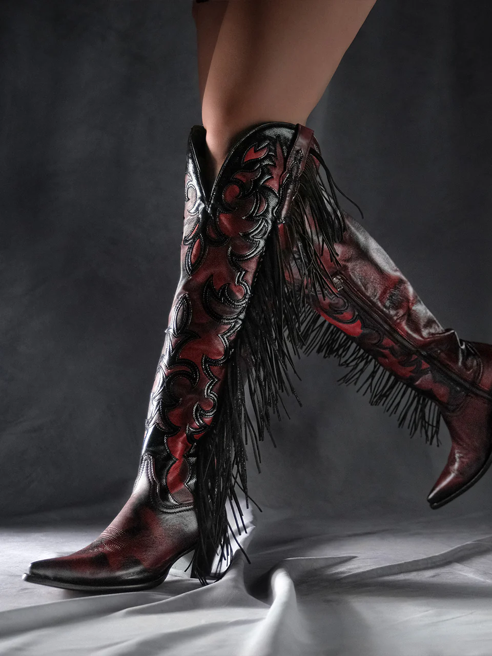 Z5453 - WOMEN'S RED EMBROIDERY AND OVERLAY WITH FRINGE TALL TOP POINTED LAMB COWBOY BOOT - Image 4