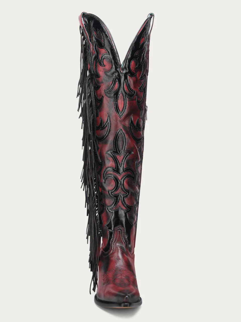 Z5453 - WOMEN'S RED EMBROIDERY AND OVERLAY WITH FRINGE TALL TOP POINTED LAMB COWBOY BOOT - Image 5