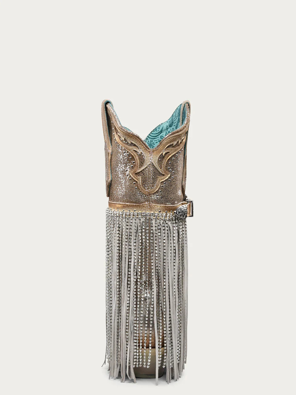 A4514 - WOMEN'S SILVER-GOLD FINISH WITH CRYSTAL FRINGE, HARNESS AND STUDS SNIP TOE COWBOY BOOT - Image 3