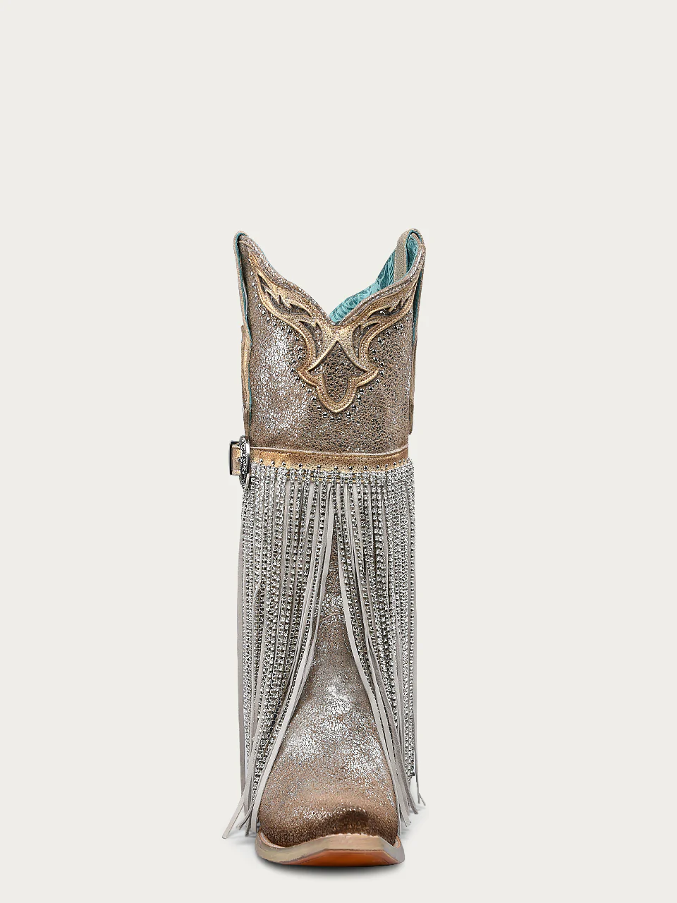 A4514 - WOMEN'S SILVER-GOLD FINISH WITH CRYSTAL FRINGE, HARNESS AND STUDS SNIP TOE COWBOY BOOT - Image 4