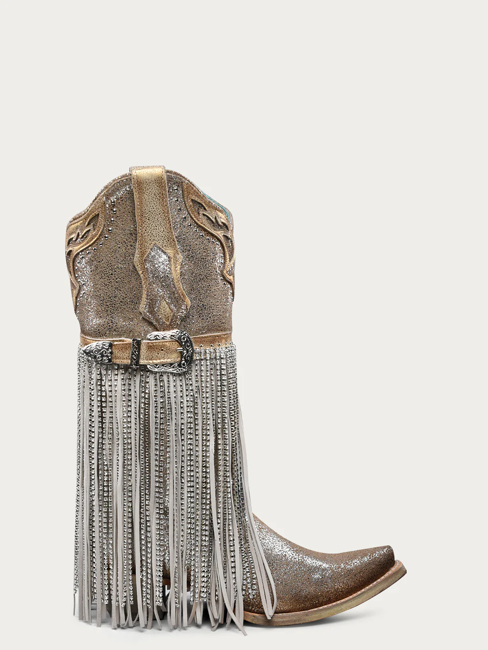 A4514 - WOMEN'S SILVER-GOLD FINISH WITH CRYSTAL FRINGE, HARNESS AND STUDS SNIP TOE COWBOY BOOT - Image 5