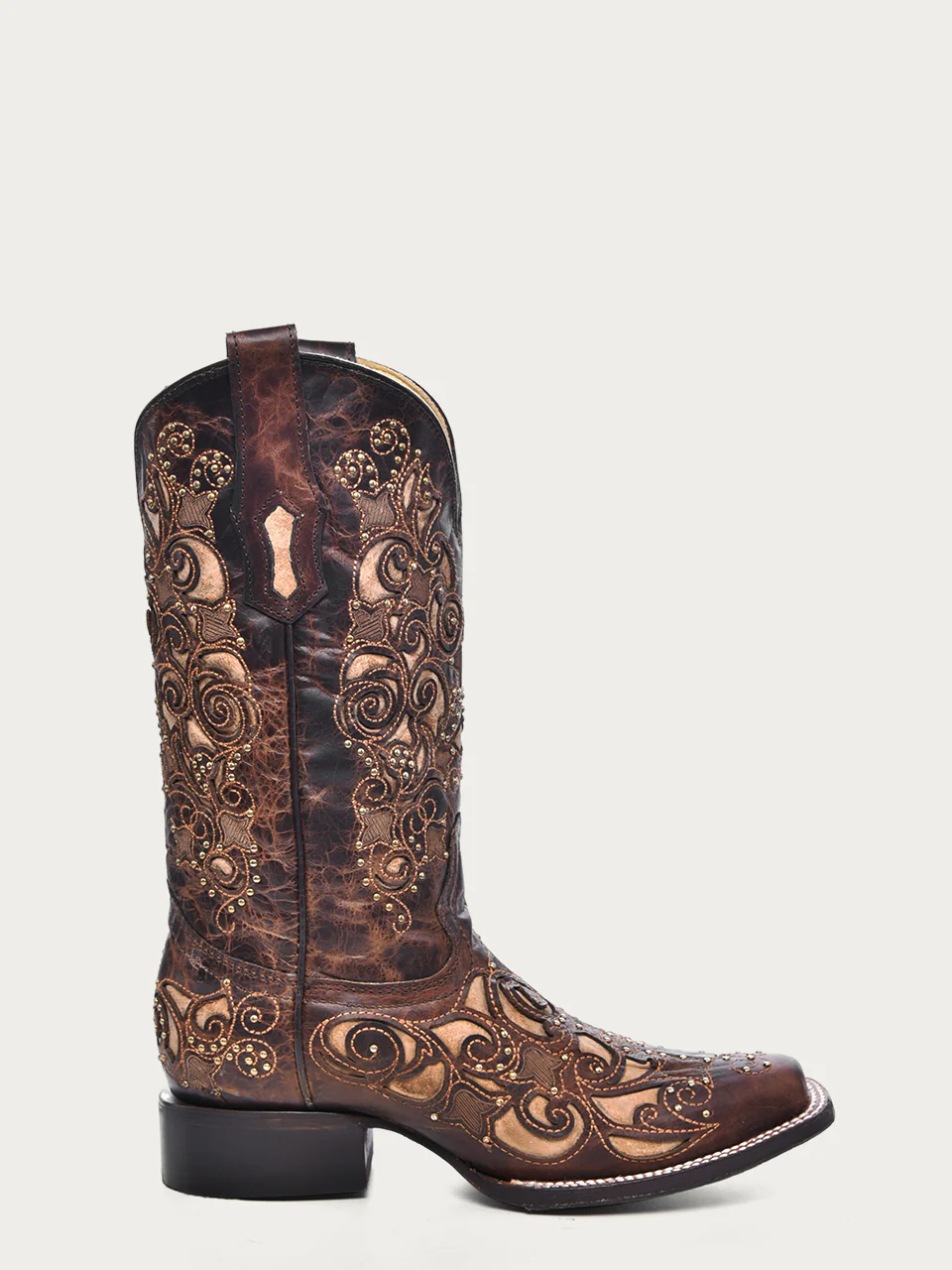 A3326 - WOMEN'S TAN INLAY EMBROIDERY AND STUDS BROWN SQUARE TOE COWBOY BOOT - Image 3
