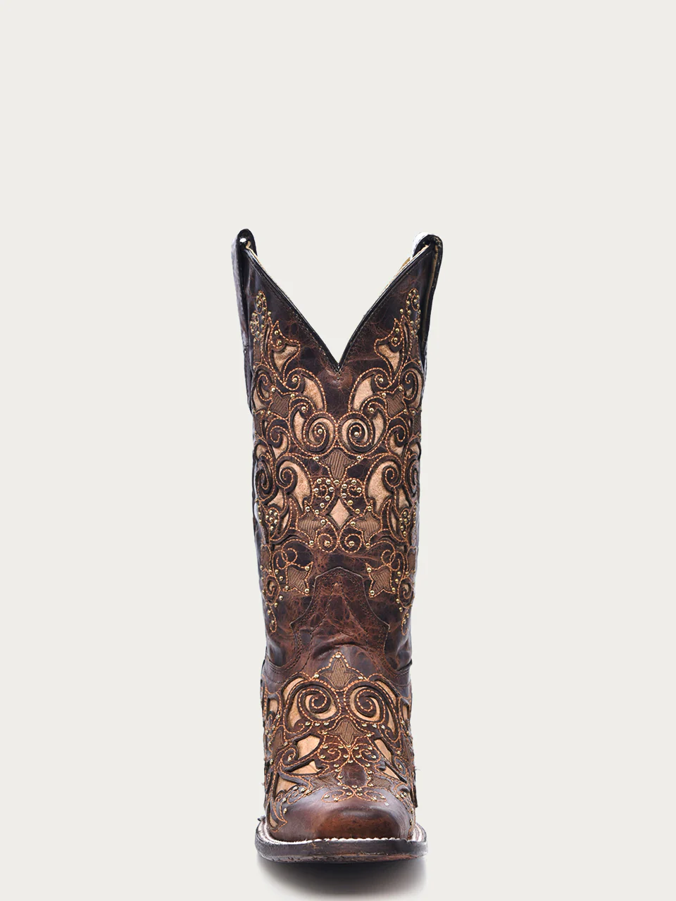 A3326 - WOMEN'S TAN INLAY EMBROIDERY AND STUDS BROWN SQUARE TOE COWBOY BOOT - Image 4