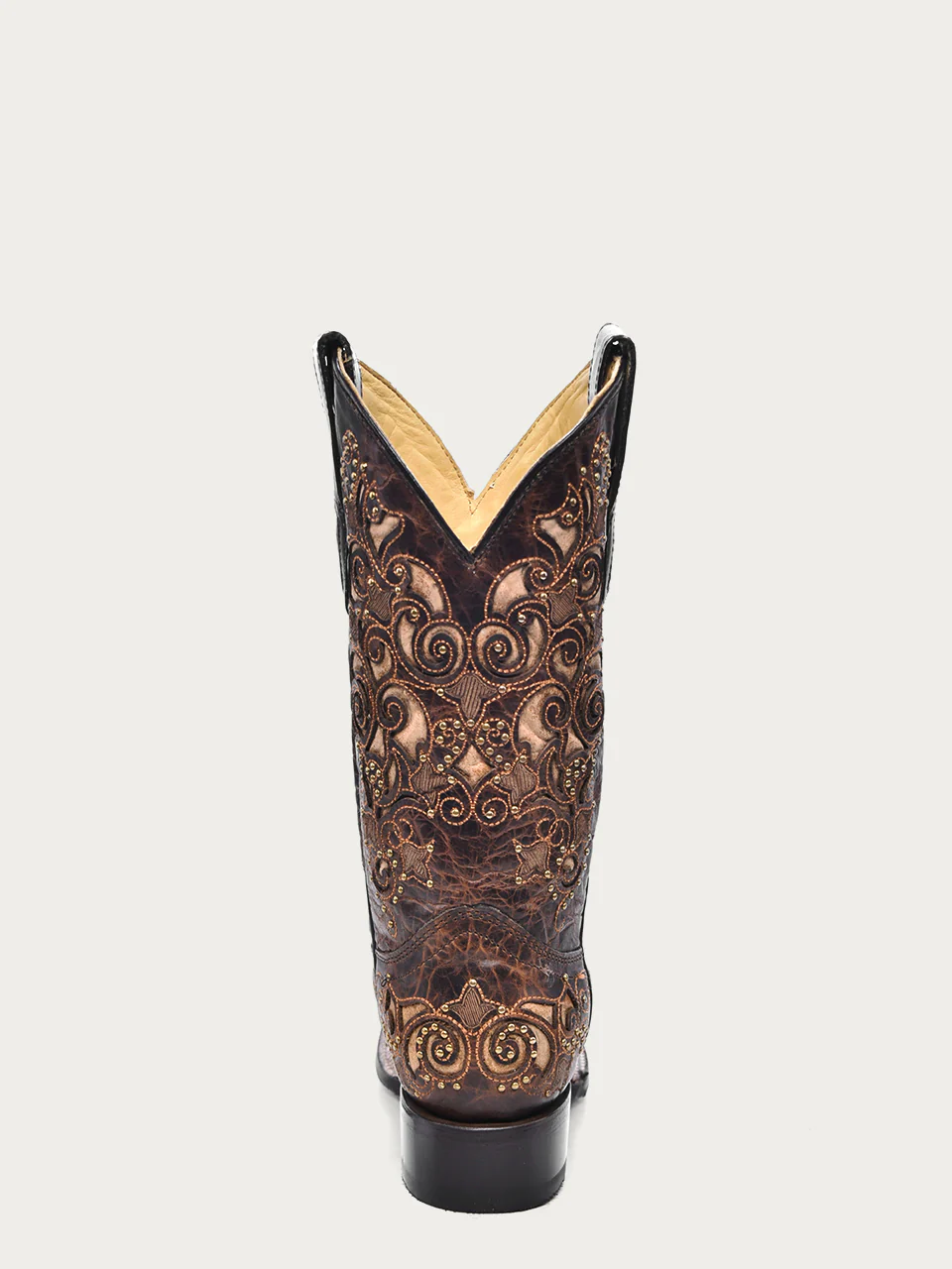A3326 - WOMEN'S TAN INLAY EMBROIDERY AND STUDS BROWN SQUARE TOE COWBOY BOOT - Image 5