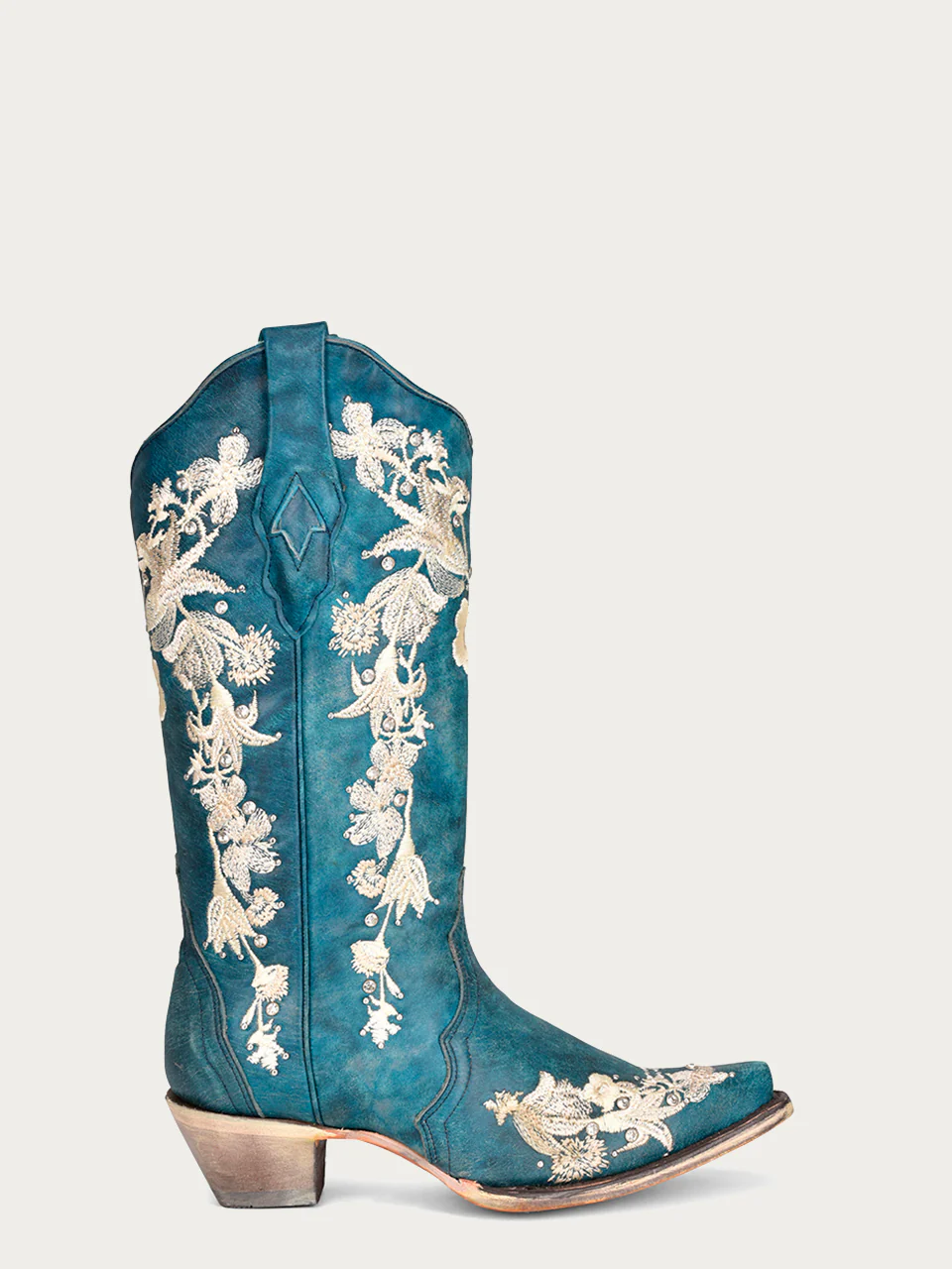 A4361 - WOMEN'S WHITE FLORAL EMBROIDERY WITH CRYSTALS NAVY BLUE SNIP TOE COWBOY BOOT - Image 3