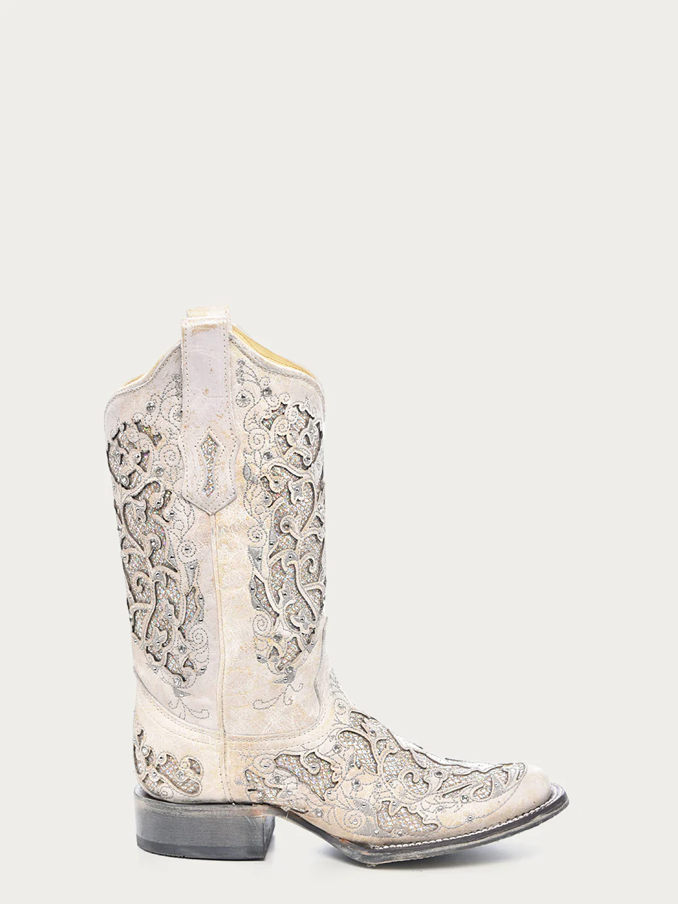 A3397 - WOMEN'S WHITE GLITTERED INLAY AND CRYSTALS SQUARE TOE WEDDING COWBOY BOOT - Image 3